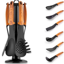 Cooking Spoon Set of 7 Food-Safe Spoons Spatula Ladle Heat Resistant Non-Stick Home Accessories Non-Stick (Wood Look)