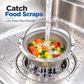 Stainless Steel Kitchen Sink Strainer Basket for Food Scraps – Fine Mesh Drain Filter with Lift Handle for Easy Kitchen Cleanup