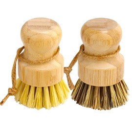 Aisuly Bamboo Dish Brush Set, 2 Pcs Palm Wooden Dish Scrubber Brush, Dish Brushes, Durable Wood Dishes Scrub Brush, Natural Round Vegetable Cleaning Pots Pans Sink Washing Kitchen Brush