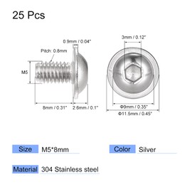 uxcell Flanged Button Head Socket Cap Screws, M5*8mm Hex Socket Drive Screw, 304 Stainless Steel Fasteners Bolts, Fully Threaded Machine Screw 25Pcs