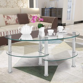 Casart Glass Coffee Table 2-Tire Modern Oval Smooth Glass Tea Table End Table for Home Office with 2 Tire Tempered Glass Boards & Sturdy Chrome Plated Legs