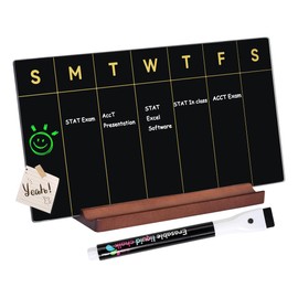 TORASO Desktop Glass Weekly Whiteboard, Dry Erase Calendar with Detachalble Solid Wood Stand, Planner Board,12"x6",Black, for Office, Home, School(Glass,Weekly-BK)
