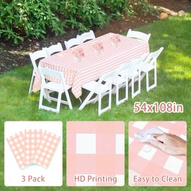 3 Pack Checkered Table Cloth 54 x 108 Inches Gingham Tablecloth Rectangle Plastic Table Cloth Disposable Plaid Picnic Table Cover for BBQ Birthday Baby Shower Party 4th of July Decorations (Pink)