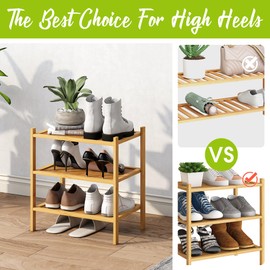 BMOSU 3-Tier Bamboo Small Shoe Rack Premium Stackable Shoe Shelf Storage Organizer for Hallway Closet Living Room Entryway Organizer(Natural)