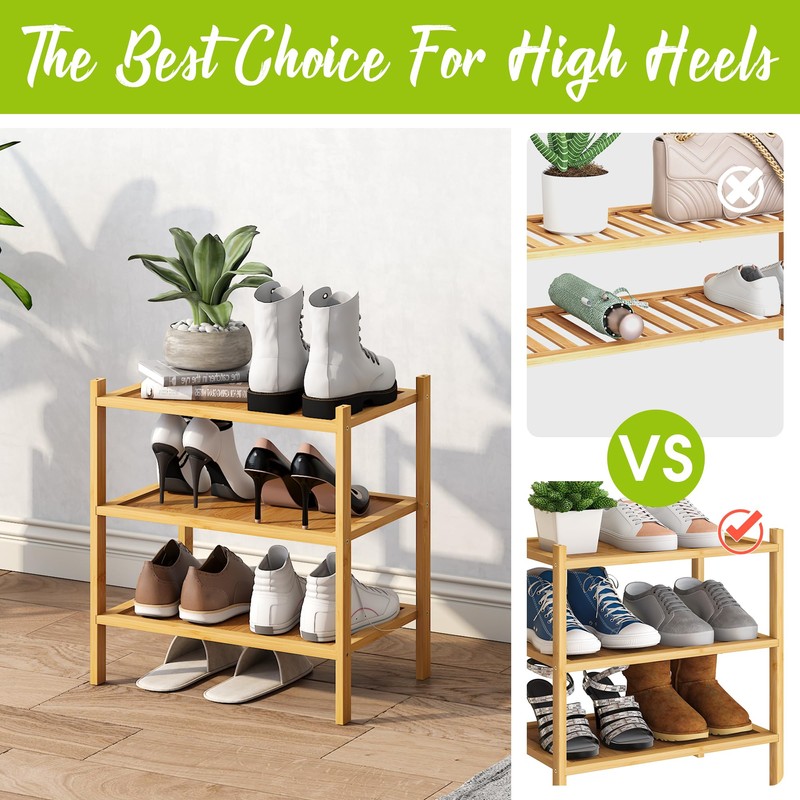 BMOSU 3-Tier Bamboo Small Shoe Rack Premium Stackable Shoe Shelf