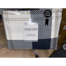 ULTRA SOFT FLANNELS KING Flannel Sheet Set 100% Cotton ULTRA  Soft, NAVY PLAID DESIGN  OEKO-TEX