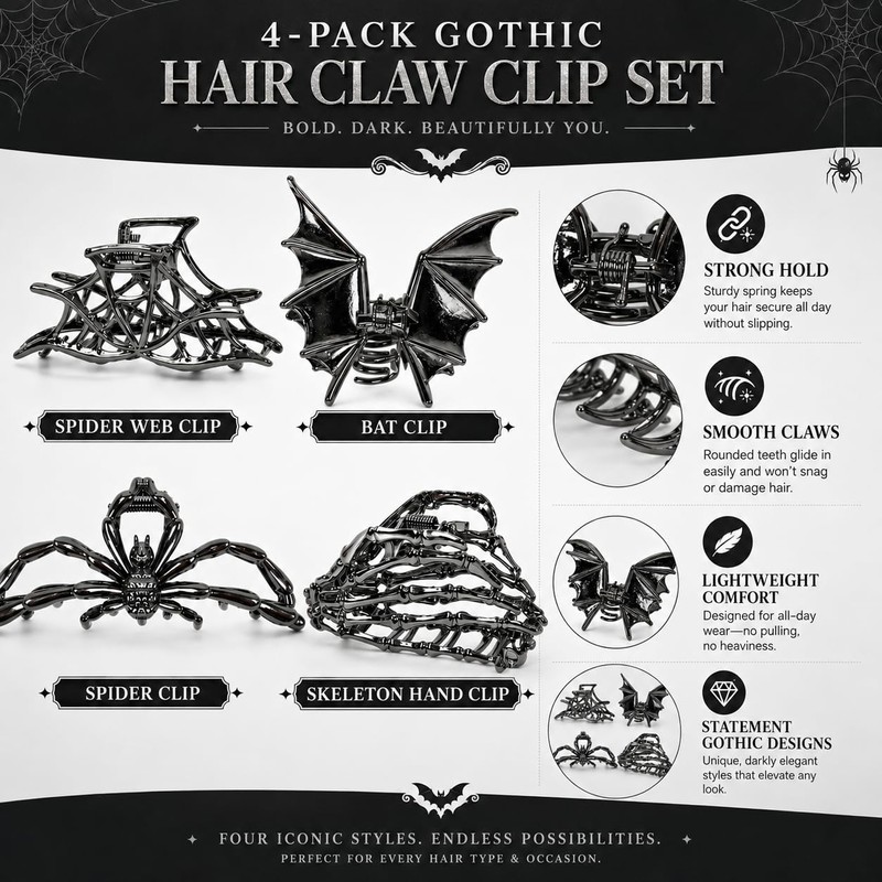 4PCS Gothic Hair Claw Clips, Spider Bat Skull Designs for