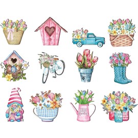 GWAWG Wooden Spring Decoration, Hanging Ornaments with Tulips, Gnomes, Umbrellas, Décor for Branches, Windows, Doors, Gardens, Easter, Mother's Day Summer Garden Décor 12pcs