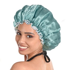 Shower Cap Large Shower Cap for Women Reusable Waterproof 13 Inches Double Layer Bath Hair Caps Lake Bule Oversized Adjustable Design for All Hair Lengths - Color: Lake Blue, Size: Extra Large