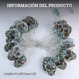 VAGEY Luces de Halloween de 5M 30 Leds de Calavera, Decoración de Halloween con 2 Modos de Iluminación, Guirnalda para Día de Muertos para Interior y Exterior como Jardín, Techo y Arbol