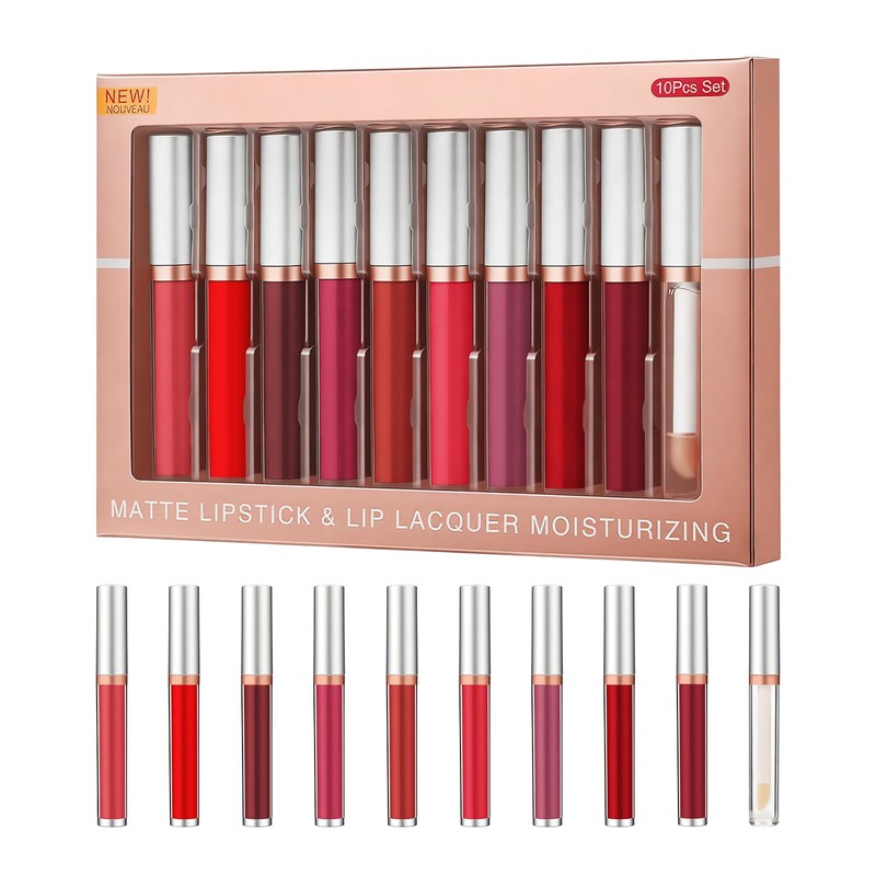 10 Colores Lápiz Labial, Maquillaje de Larga Duración, Hidratante, Brillo