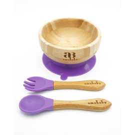 Amonev Bamboo Baby Bowls with Suction Spoon and Fork Set. Bowls Secure in Place Making Mealtime a Joy Natural Bamboo BPA Free Bowl is Also Easy to Clean (Purple)