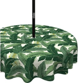 LVTXIII Outdoor Tablecloth with Umbrella Hole and Zipper, 60 Inch Water-Repellent Patio Table Cloth, Round Table Covers for Backyard Garden, Swaying Palms Green