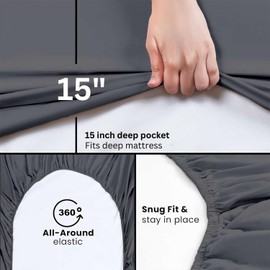 Queen Size Fitted Bed Sheet - Hotel Luxury Single Fitted Sheet Only - Fits Mattress Up to 15 - Extra Soft, Wrinkle Free, Breathable, and Cooling - Bottom Fitted Sheet - Dark Grey Solid