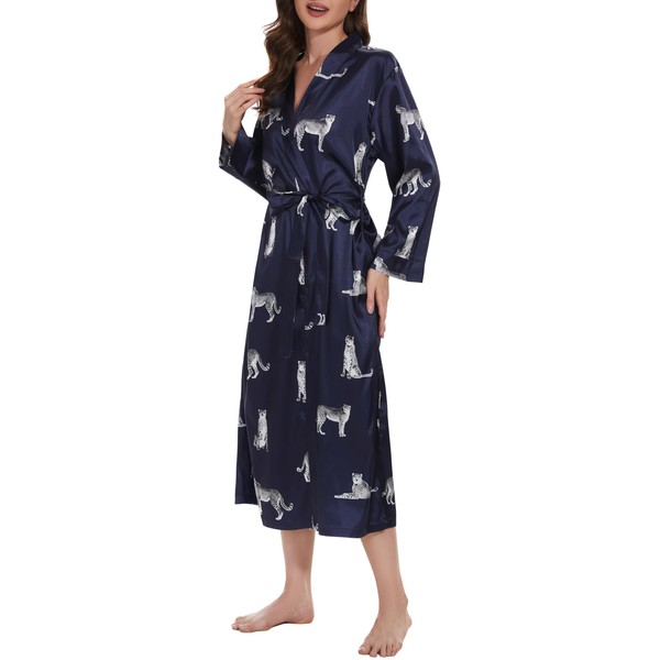 Lavenderi Women's Long Classic Satin Kimono Lounge Bathrobe Robe(Cheetah,X-Large)