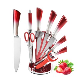 Kitchen Knife Set, 9-Piece Red Professional Kitchen Knives Set with Acrylic Block, Non Stick Sharp Stainless Steel Chef Knife Set with Sharpener for Kitchen Cutting Kitchen Gifts for Women