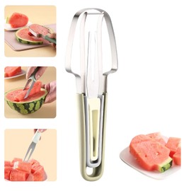 MOTEERLLU 3 in 1 Multifunctional Watermelon Popsicle Slicer Cutter Tool with Fork, Stainless Steel Fruit Cutter Slicer Kitchen Gadget, Portable Watermelon Windmill Cutter Knife (Beige)