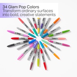 Sharpie Glam Pop Permanent Markers Fine Tip Marker Set Coloring Art Drawing Writing Markers 34 Count
