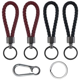 Pack of 4 Leather Key Fob Braided Car Key Fob with 1 Piece Carabiner Hook Small Unisex Key Holder Key Ring for Car Motorcycle and House Keys (Black, Red), Black & red