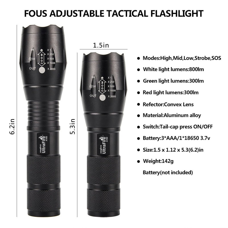 ULTRAFIRE A100 3-Color-Light Tactical 18650 Flashlight, xml-t6 800 Lumen Small