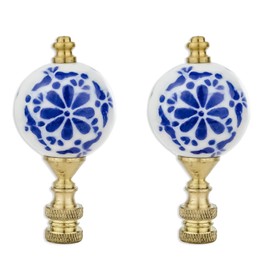 Royal Designs, Inc. Crackled Round White with Blue Accent Finial for Lamp Shade, F-5300-PB-2, Polished Brass - Pack of 2