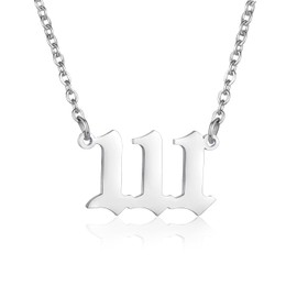 FSYAEGZA Angel Number Necklace Stainless Steel Old English Numerology Jewelry 111 222 333 444 555 666 777 888 999 Lucky Number Minimalist Pendant for Women (111, Silver)