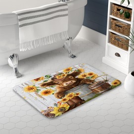 Cute Highland Cow Bath Rug Mat, Farmhouse Rustic Cattle Sunflower Western Flannel Non Slip Floor Mat, Absorbent Quick Dry Bathroom Decor Bathtub Carpet 17x29 inch