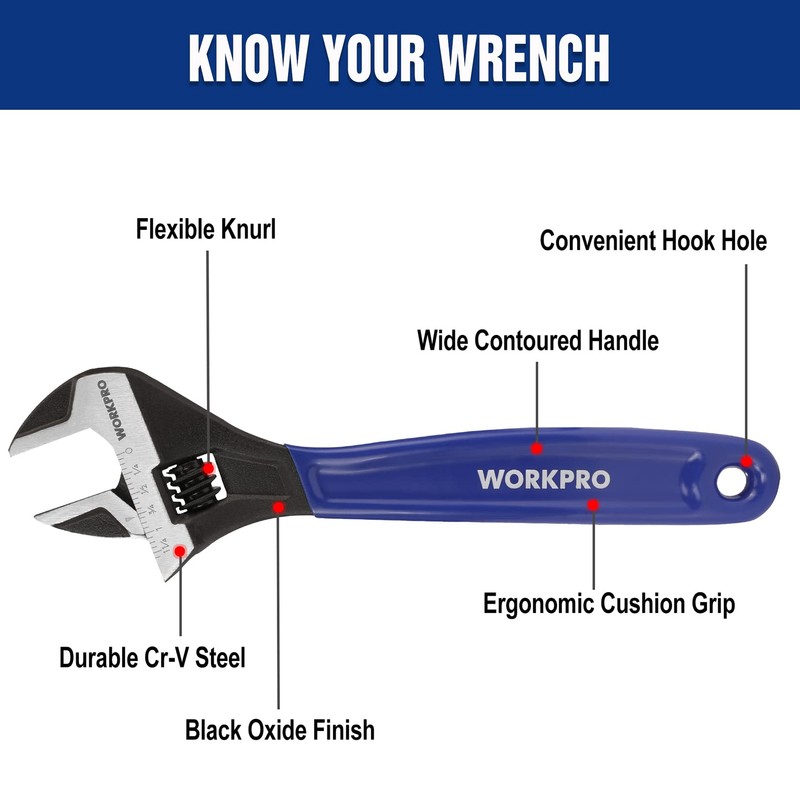 WORKPRO 2-Piece Adjustable Wrench Set, 6-Inch & 10-Inch Wide Jaw