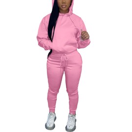 KANSOON Sweat Suits for Womens Two Piece Jogger Outfits Solid Long Sleeves Sweatshirt and Sweatpants Tracksuit Pink L