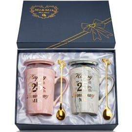 25th Anniversary Wedding Gifts, Silver Wedding Gifts Anniversary 2PCS Happy 25th Anniversar-y Mr Mrs Gift-s Marble Ceramic Cups Set 14oz, Silver Anniversar-y Couple Gift-s for Parents, Grandparents