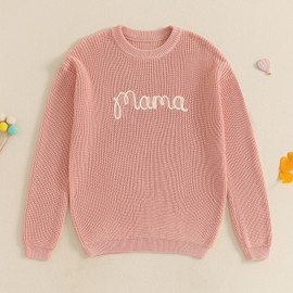 Mommy and Me Family Matching Sweaters Letter Embroidery Long Sleeve Round Neck Knitwear Fall Winter Warm Tops (Mom, M, Light Pink)