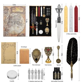 NC Quill Pen ink Set,Feather Pen ink Set Includes Feather Dip Pen,Ink,5 Replacement Nibs,3 Wax Seal Sticks,Pen Nib Base,Seal Stamp, White Wax,Spoon,Envelope letter paper, Envelope Tool (Black)