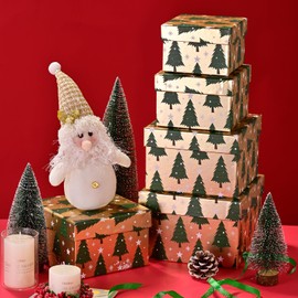 PAPER FAIR 5PCS Christmas Nesting Gift Boxes Set, Gold Foil Green Xmas Tree Flat Square Cardboard Nested Box with Lid, for Gift Wrapping Holiday Present Birthday, Assorted Size