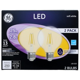 GE LED Light Bulbs, 25 Watt, Soft White, G25 Globe Bulbs, Clear, Medium Base (2 Pack)