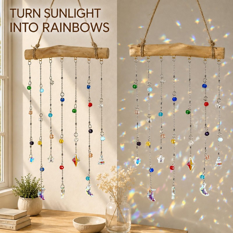 Crystal Sun Catcher,Rainbow Suncatcher Wooden Hanging Prism Window Decor