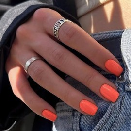 Uñas Postizas Cuadradas Cortas De Color Naranja, Uñas De Gel Cortas Naturales, Uñas Acrílicas Adhesivas, Uñas Postizas Gruesas Reutilizables Con Capa 