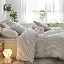 MooMee Bedding Duvet Cover Set Striped 100% Washed Cotton Linen Like Textured Breathable Durable Soft Comfy (White Sage Green Stripe, Queen)