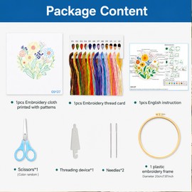 Zhenqing Sunflower Daisy Embroidery Kit for Beginners, Floral Needlework Kit with Pre-Printed Cotton Fabric, Hoop, Threads & Tools, Garden Wall Decor (C0127)
