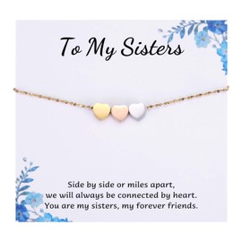 Kvekstio Three Sister Bracelet - Minimalist 3 Sisters Trio Bond Gift for Birthday Christmas Graduation, Stainless Steel Hearts Charm, Gold Chain Friendship Jewelry for Sisters BFF Bestie