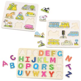 Playtastic Wooden Motor Skills Toys: Set of 3 Colourful Children's Puzzles Made of Wood: Letters, Farm & Traffic (Wooden Puzzle Children, Wooden Toy, Souvenir)