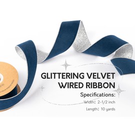 Keypan Navy Blue Velvet Christmas Ribbon Wired 2-1/2 Inch Wide Ribbon with Sliver Metallic Glitter for Christmas Tree Decoration Wreath Home Decor Gift Wrapping 10 Yards