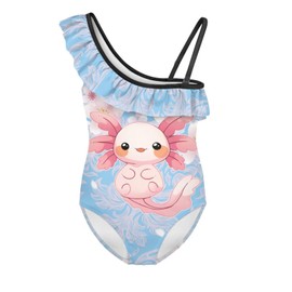 WELLFLYHOM Axolotl Girls One Piece Bathing Suits 9-10 Ruffle One Shoulder Swimsuit Peach Blossom Full Coverage Kids Swimwear Elastic Adjustable Strap Beachwear