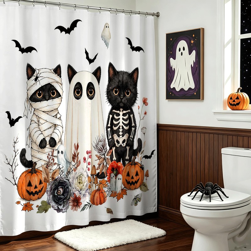 Lindameler Funny Halloween Shower Curtain Spooky Ghost Black Cat Shower