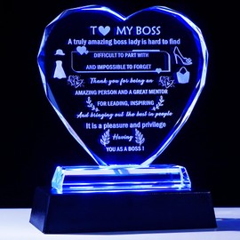 YWHL Boss Lady Gifts for Women with LED Base Laser Crystal Heart Boss Female Appreciation Gifts on Boss Day Christmas Birthday Best Retirement Farewell Thank You Gift for Boss Leader Supervisor
