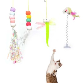 EsiFare Cat Toy, 4-piece Set, Over the Door, Relieves Lack of Exercise, Stress Relief, Automatic, Play Alone, Feathers, Dragonfly, Rat, Popular, Caterpillar, Mouse Shape, Intelligence Training,