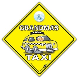 Grandma's Taxi Car Sign, Grandmas Taxi Suction Cup Car Window Sign, Grandma Taxi Sign, Super Bright Suction Cup Advice Vehicle Sign in Super Bright Yellow and Black Lettering 14cm x 14cm x 2cm