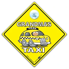 Grandma's Taxi Car Sign, Grandmas Taxi Suction Cup Car Window Sign, Grandma Taxi Sign, Super Bright Suction Cup Advice Vehicle Sign in Super Bright Yellow and Black Lettering 14cm x 14cm x 2cm