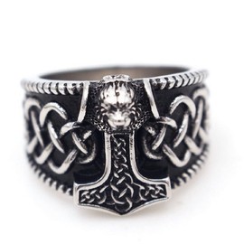 Wolf Ring for Men, Viking Celtic Knot Hammer Ring, Norse Viking Wolf Head Ring, Celtic Wolf Signet Amulet Ring, Howling Wolf Totem Tribal Ring, Punk Animal Wolf Jewelry Jewelry for Men Mens (12, Silver)