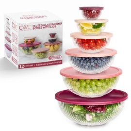 COOK WITH COLOR 12 Pc Glass Mixing Bowl Set with Lids – Borosilicate Glass Nesting Bowls for Cooking, Baking and Meal Prep, Fluted Rose