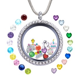 12th Birthday Gifts for Niece Daughter, 30mm Stainless Steel Glass Living Memory Floating Charms Locket Pendant Necklace with Birthstones